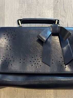 Walasa Pocketful of Sunshine Navy Leather Bow Satchel Crossbody Bag